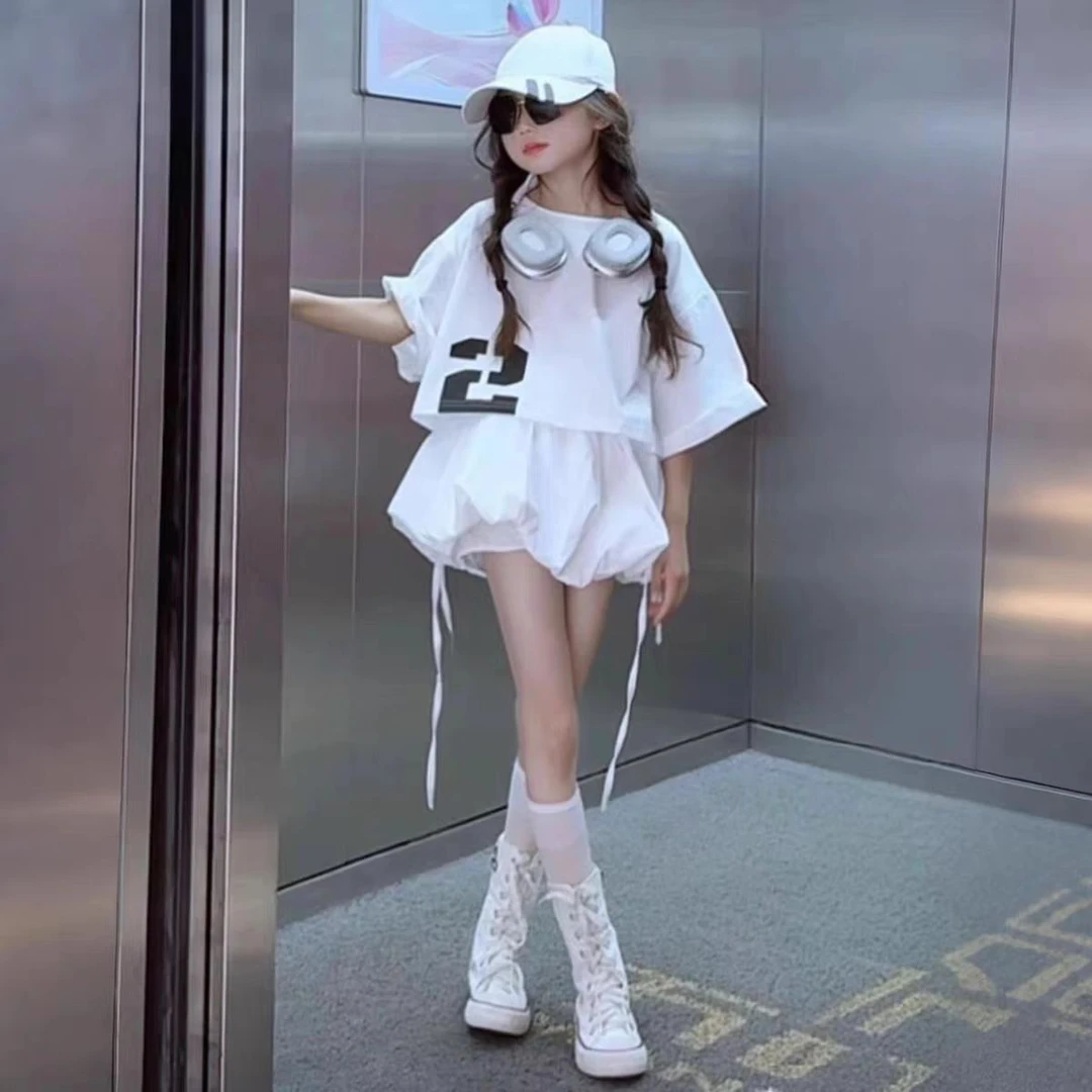 女童宽松T恤花苞裙套装2025中大童甜酷网红夏季半身裙裤两件套潮