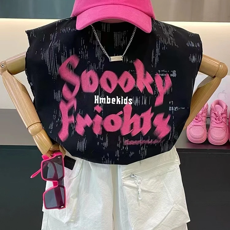 DEYAO/得遥链条背心印花百搭新款男女童夏天儿童帅气时尚坎肩字母