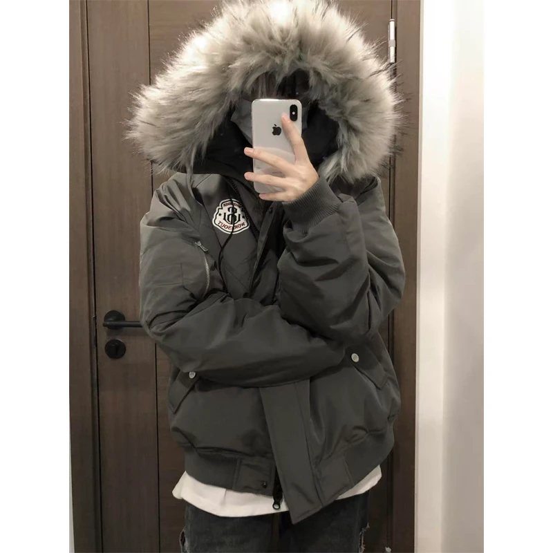 cleanfit深灰色毛领解构派克棉服男冬季美式复古加厚保暖连帽外套