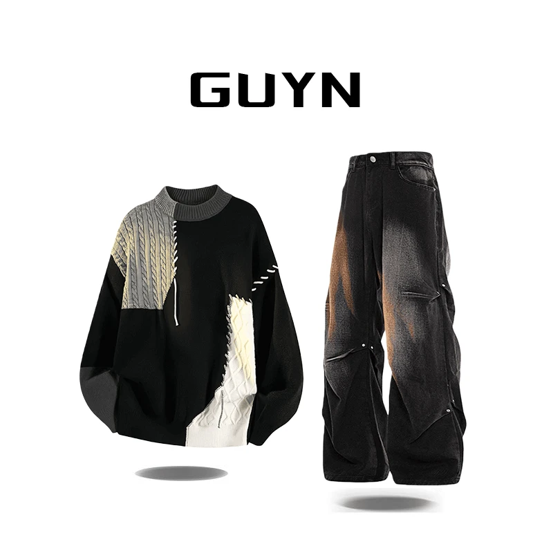 【品牌现货】GUYN美式复古圆领针织衫毛衣男秋冬高级感时尚痞帅上衣