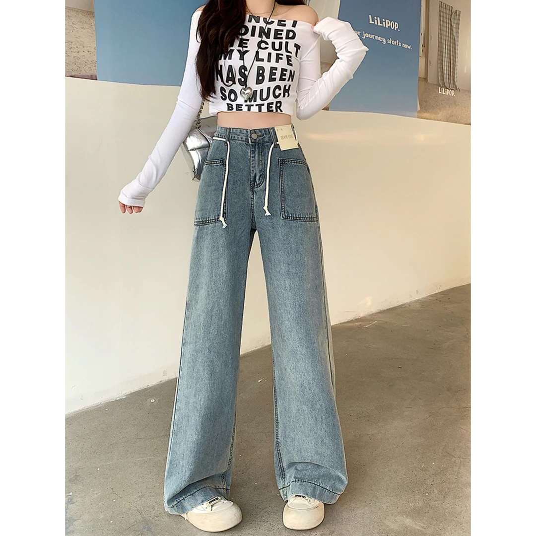 清大码女春装胖mm显瘦垂感阔腿牛仔裤高腰窄版系带直筒裤66122