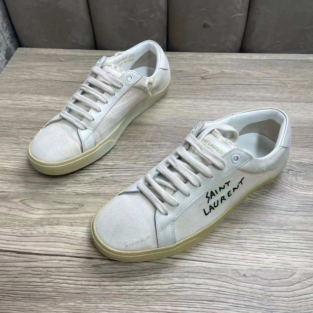 99新 YSL/圣罗兰 米白色做脏做旧侧标logo帆布板鞋/40.5码/捡漏