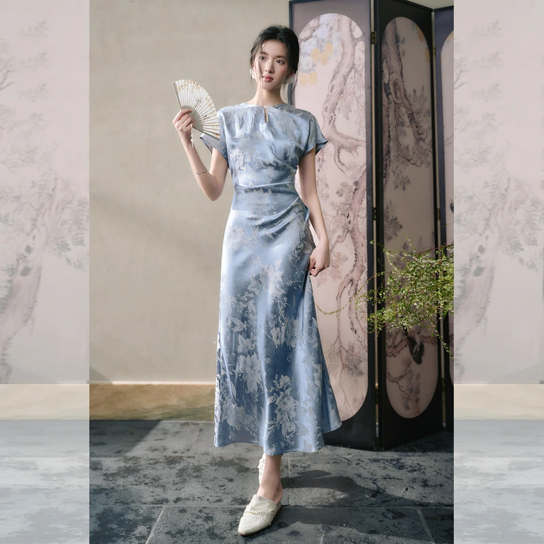 JKJS【碧聆风】人丝提花国风旗袍女新中式连衣裙女夏裙子气质长裙