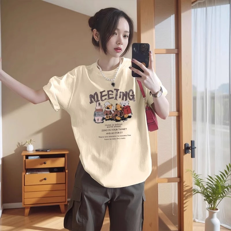 纯棉卡通印花杏色短袖T恤女2025夏季新款韩版宽松百搭设计感上衣