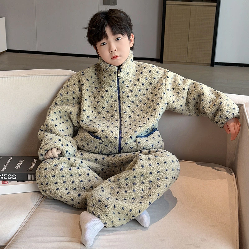 儿童装男童冬装羊羔加绒睡衣2025新款中大童冬季加厚一体绒家居服