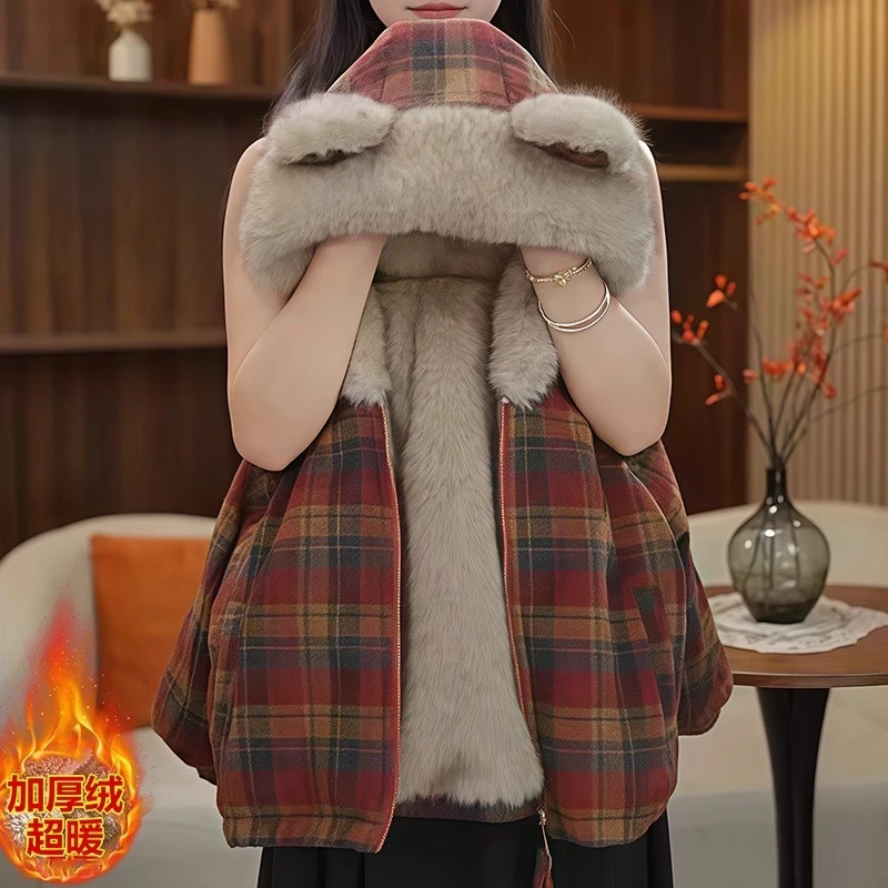 女童卡通格子加绒外套2025新款秋冬加厚仿真毛羊羔绒毛毛衣棉服潮