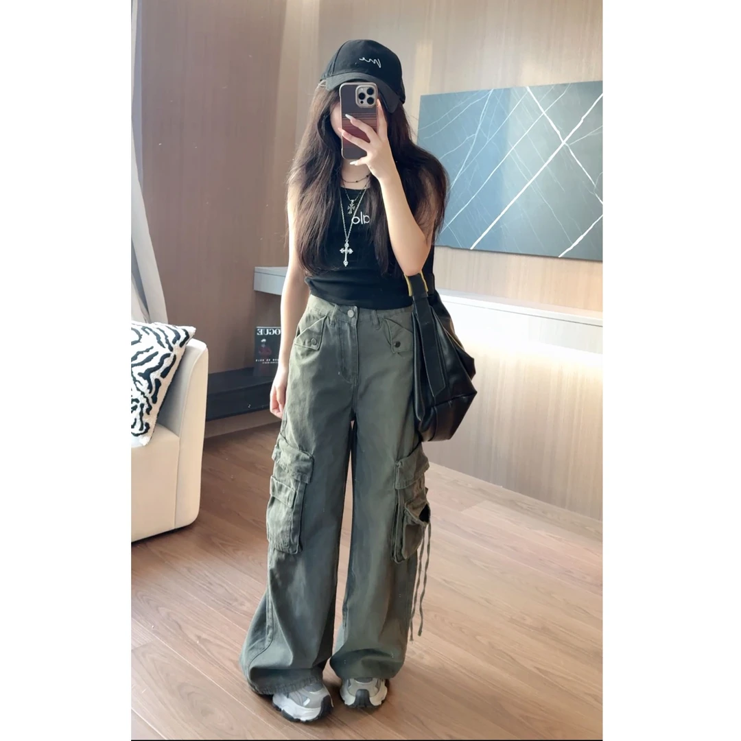 191夏季新款美式复古多口袋休闲工装裤女宽松直筒拖地长裤