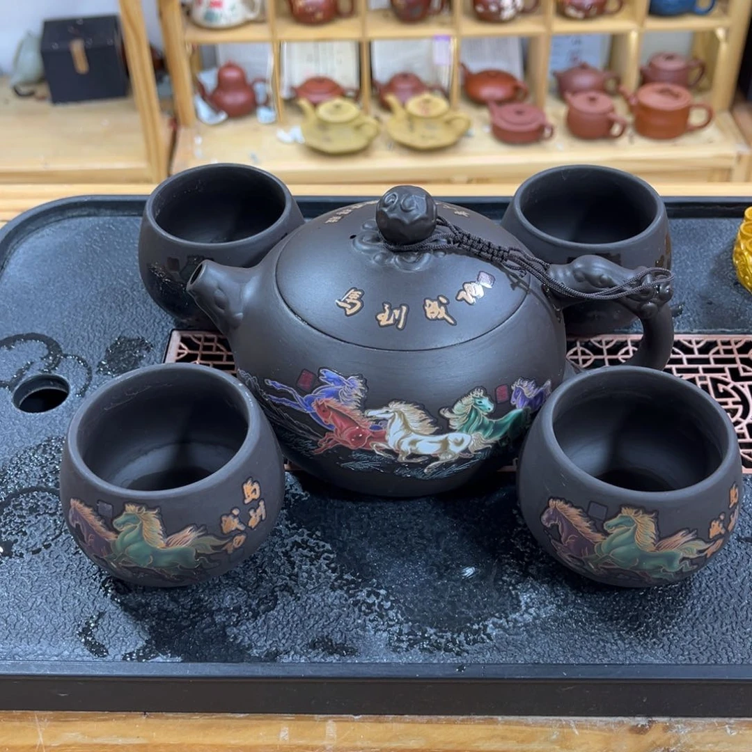紫砂茶案八骏马大西施（一壶四杯）