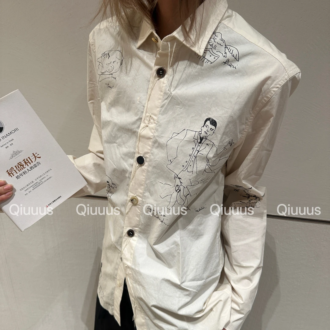 『Qiuuus』复古印花涂鸦素描米白色长袖衬衫百搭休闲外搭上衣