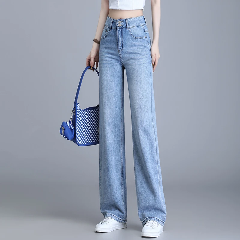 正品2025春秋新款高级感窄版阔腿裤高腰浅蓝牛仔裤时尚爆款拖地裤