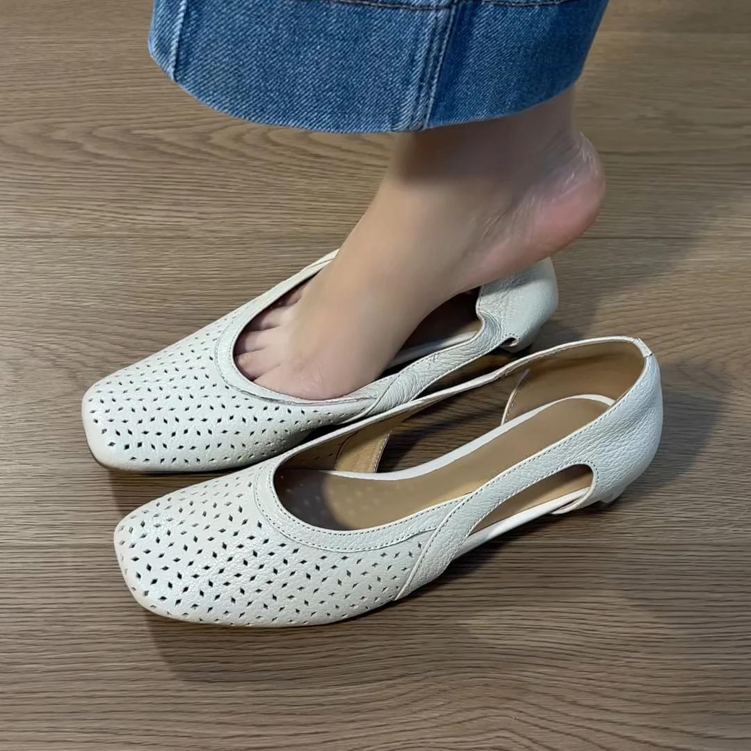 夏季新款浅口舒适简约设计百搭单鞋女夏季镂空超软包头低跟单鞋
