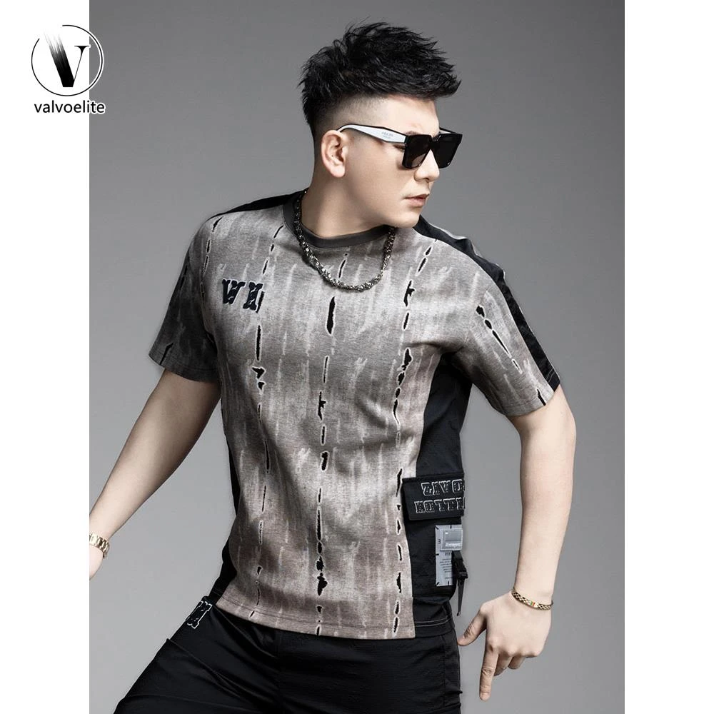 VALVOELITE时尚品牌设计拼接短袖体恤男新款夏季经典破洞半袖上衣