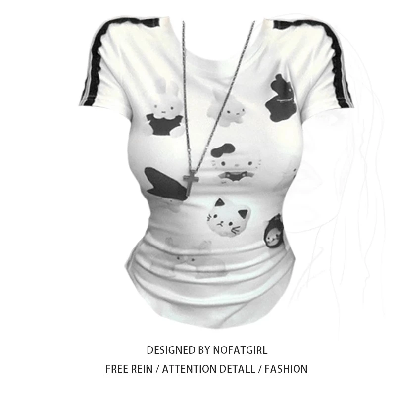 大码胖MM美式猫咪印花正肩短袖T恤女夏季2025新款修身短款上衣潮