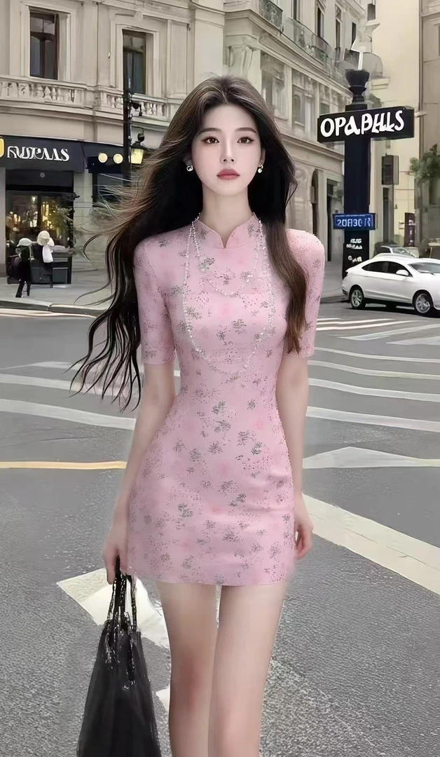 新中式国风粉色立领短袖修身收腰包臀改良旗袍连衣裙女氛围感短裙