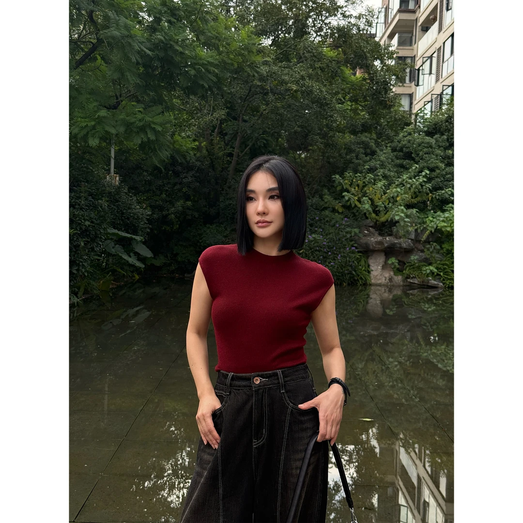 【妙妙精选】HUANGNAJI贝壳袖针织时尚气质设计感无袖上衣4810
