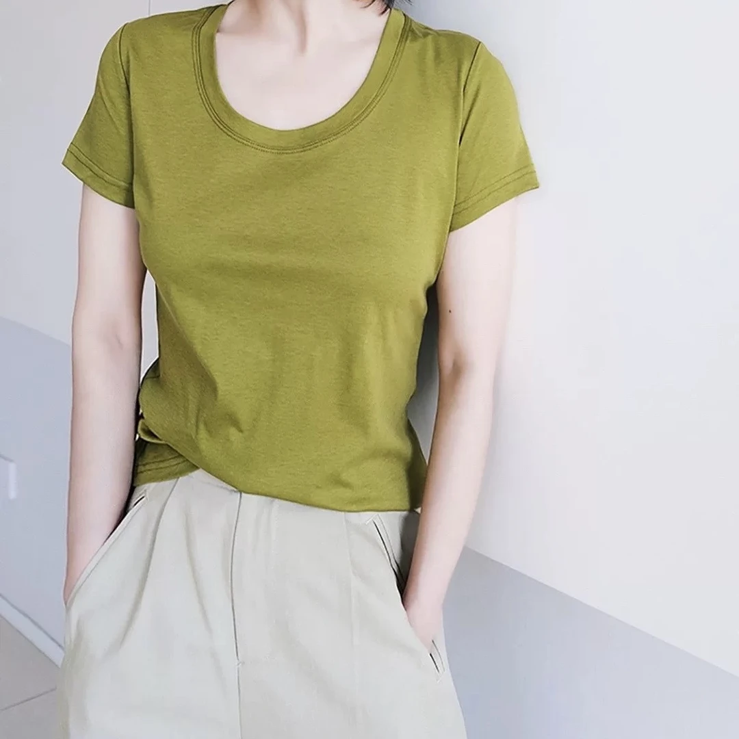 2506239 U领纯色染色短袖T恤女纯棉宽松百搭25春夏新款