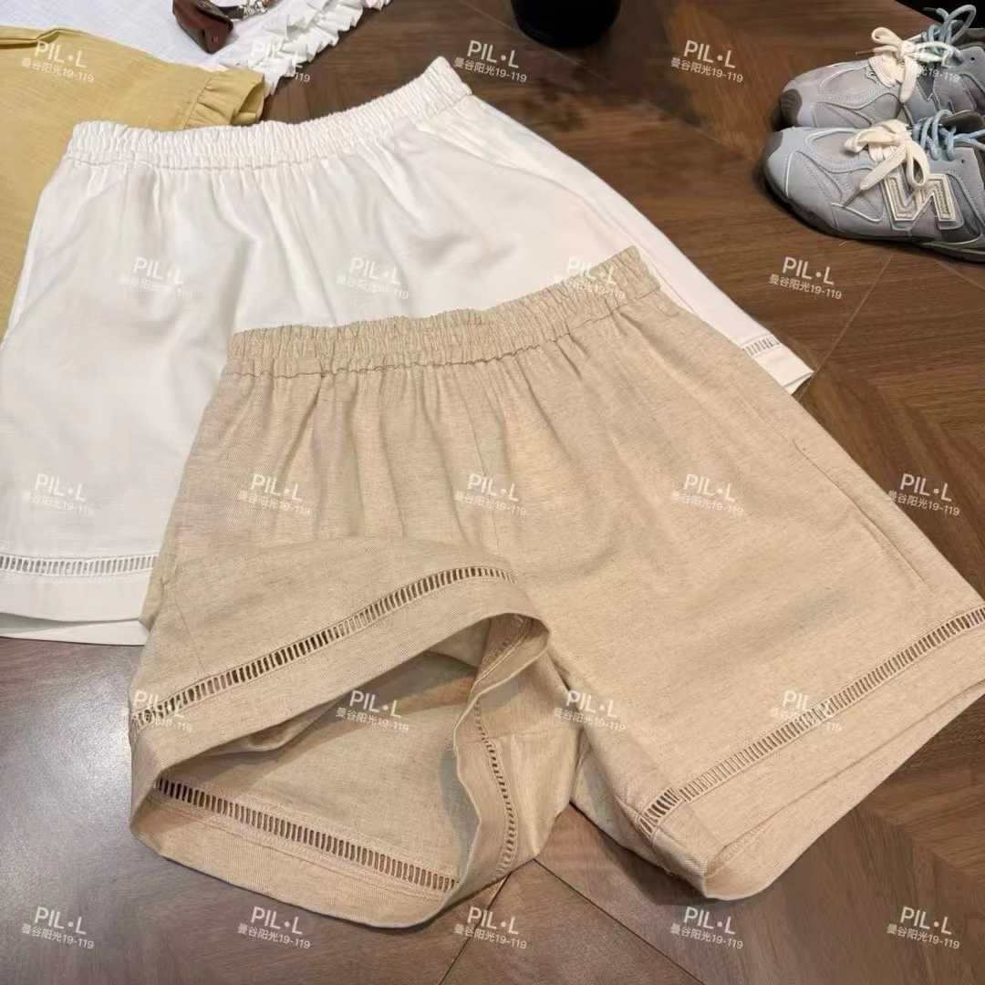 镂空卡其色苎麻短裤