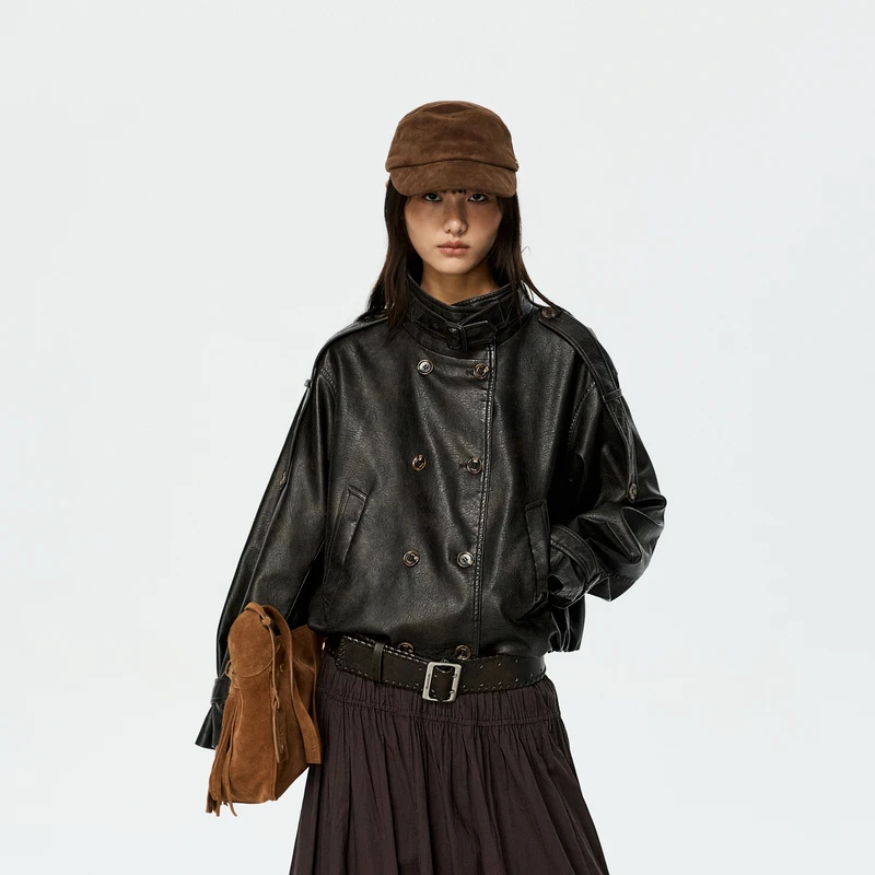 REVAN芮范双排扣PU皮衣短外套RK10105390