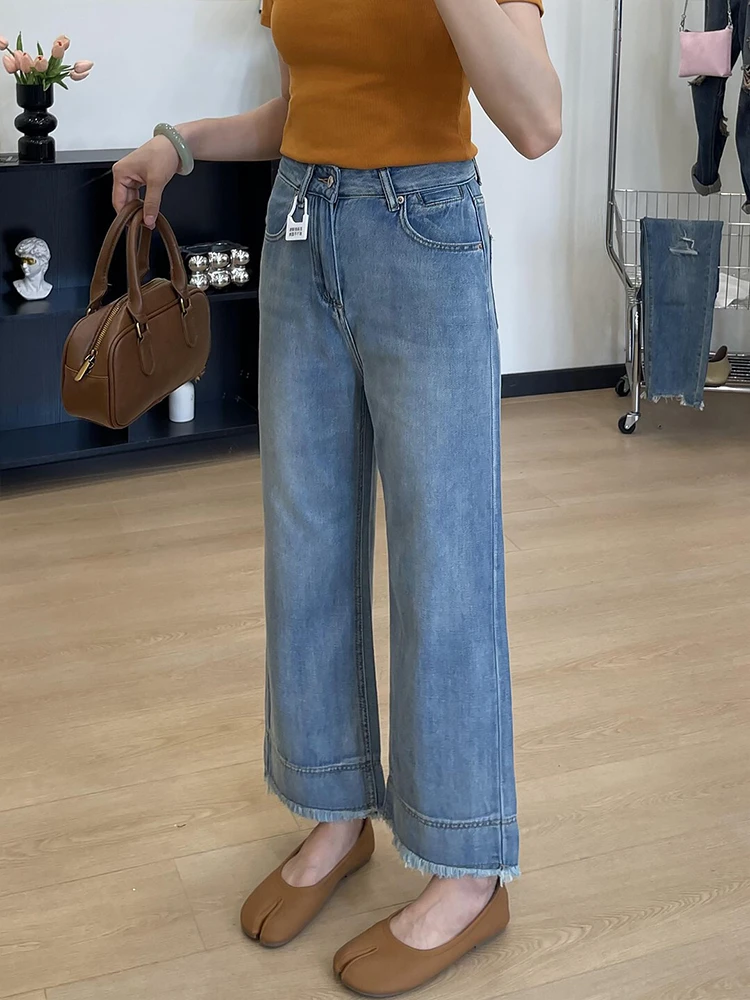 浅蓝色毛边直筒牛仔裤女夏季薄款大码胖mm梨形身材宽松显瘦九分裤
