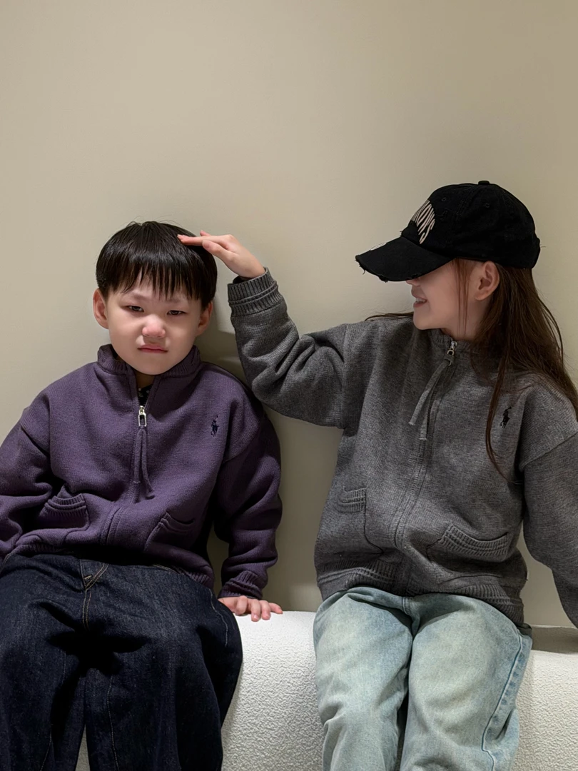 【加绒冬款】儿童新韩版针织纯色刺绣口袋拉链开衫外套百搭时尚休闲