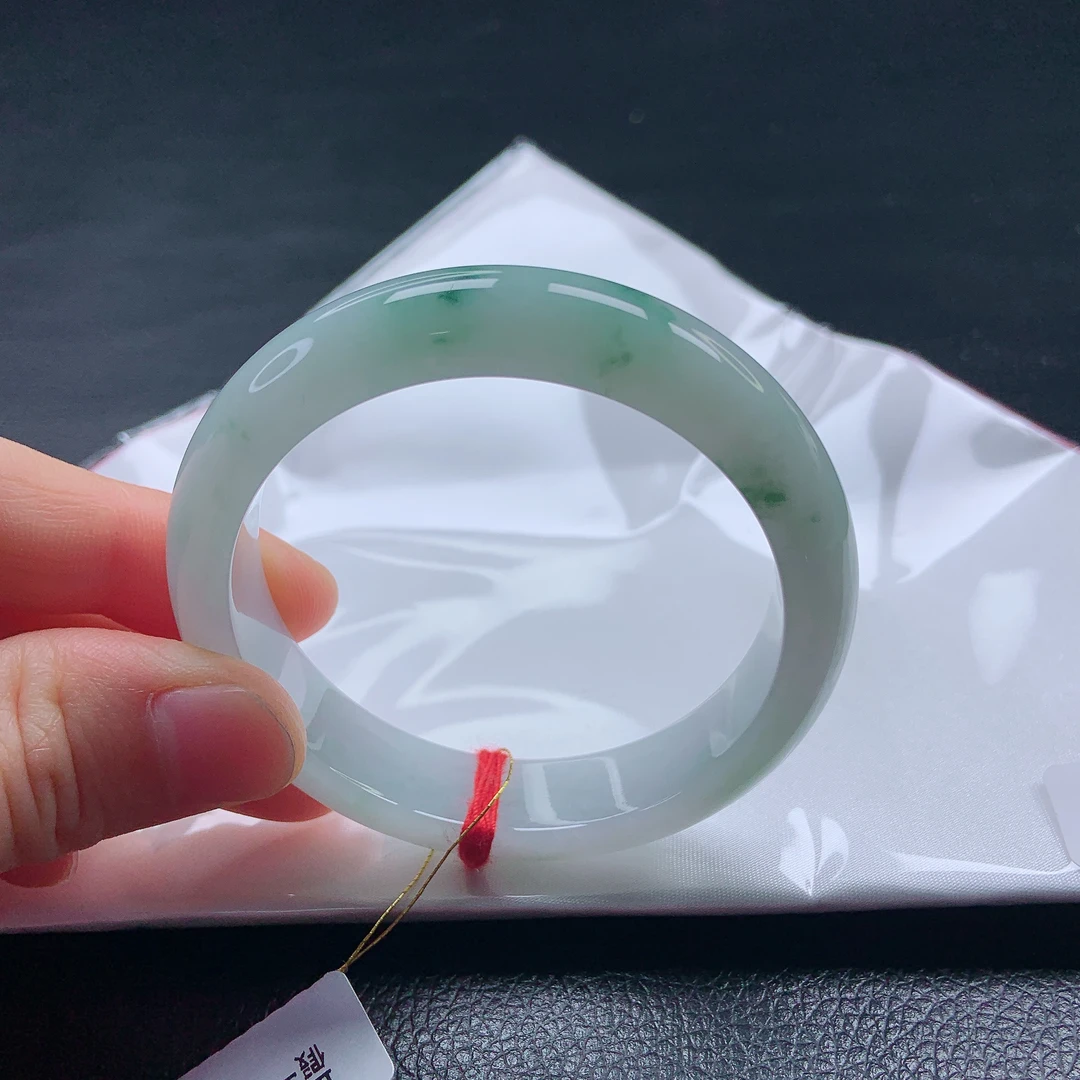 54圈糯冰种细润飘绿平安镯缅甸天然a货翡翠女款宽边测量清爽百搭