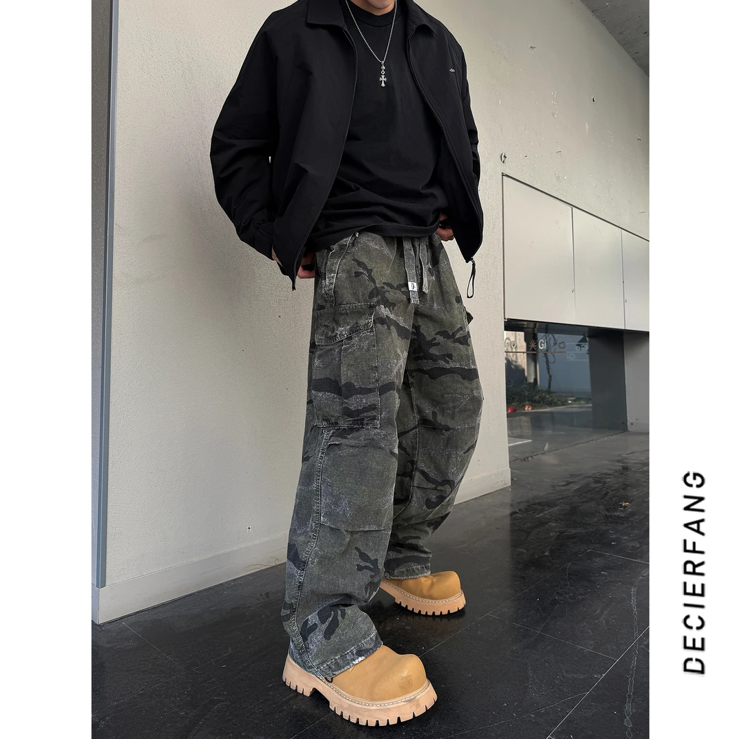 2025秋季新款重工水洗灰迷彩工装裤男款潮牌多口袋复古休闲长裤