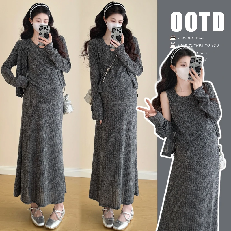 实拍秋冬慵懒针织开衫背心半身裙三件套温柔气质孕妇套装