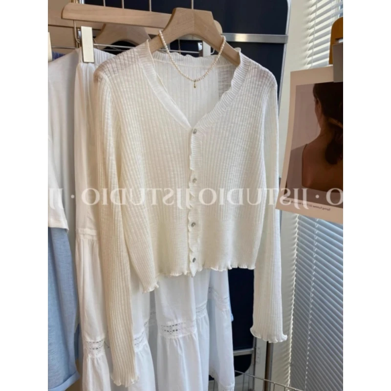 白色防晒罩衫连衣裙外搭针织开衫女夏季薄款2025高级感木耳边上衣