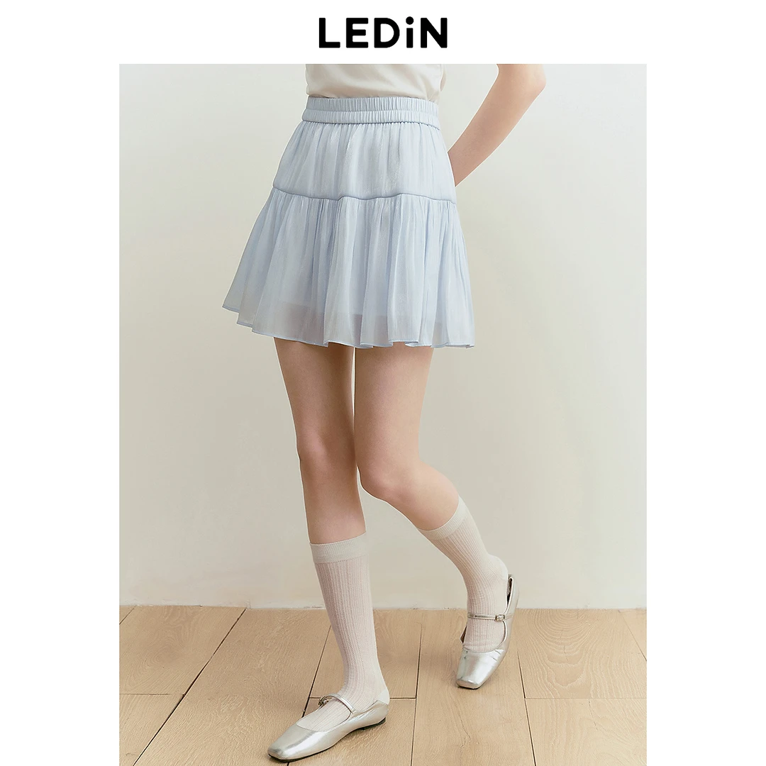 乐町双层抽褶蛋糕裙女装25年春季新款松紧腰设计甜美公主多色伞裙