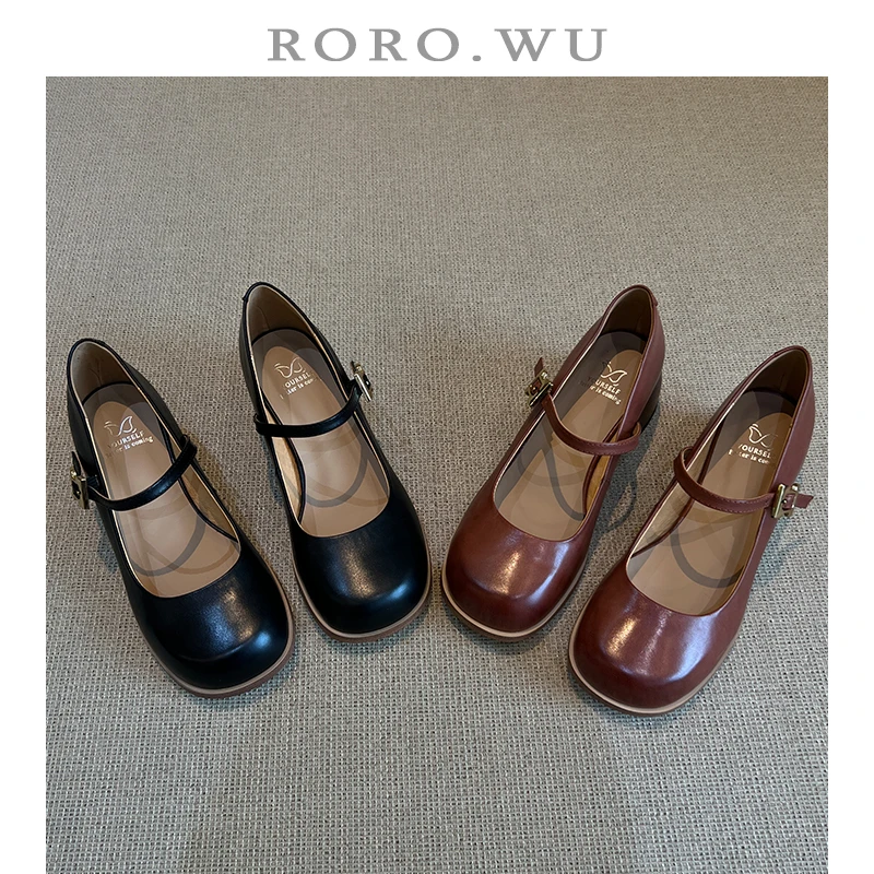 娆娆吴·头层水染牛皮复古法式玛丽珍粗跟一字扣简约圆头单鞋A124