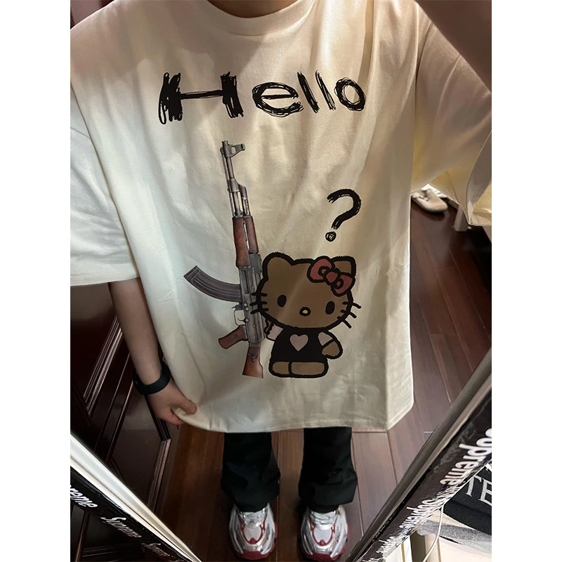 美式kitty凯蒂猫印花短袖t恤男女夏季宽松设计感小众重磅纯棉上衣