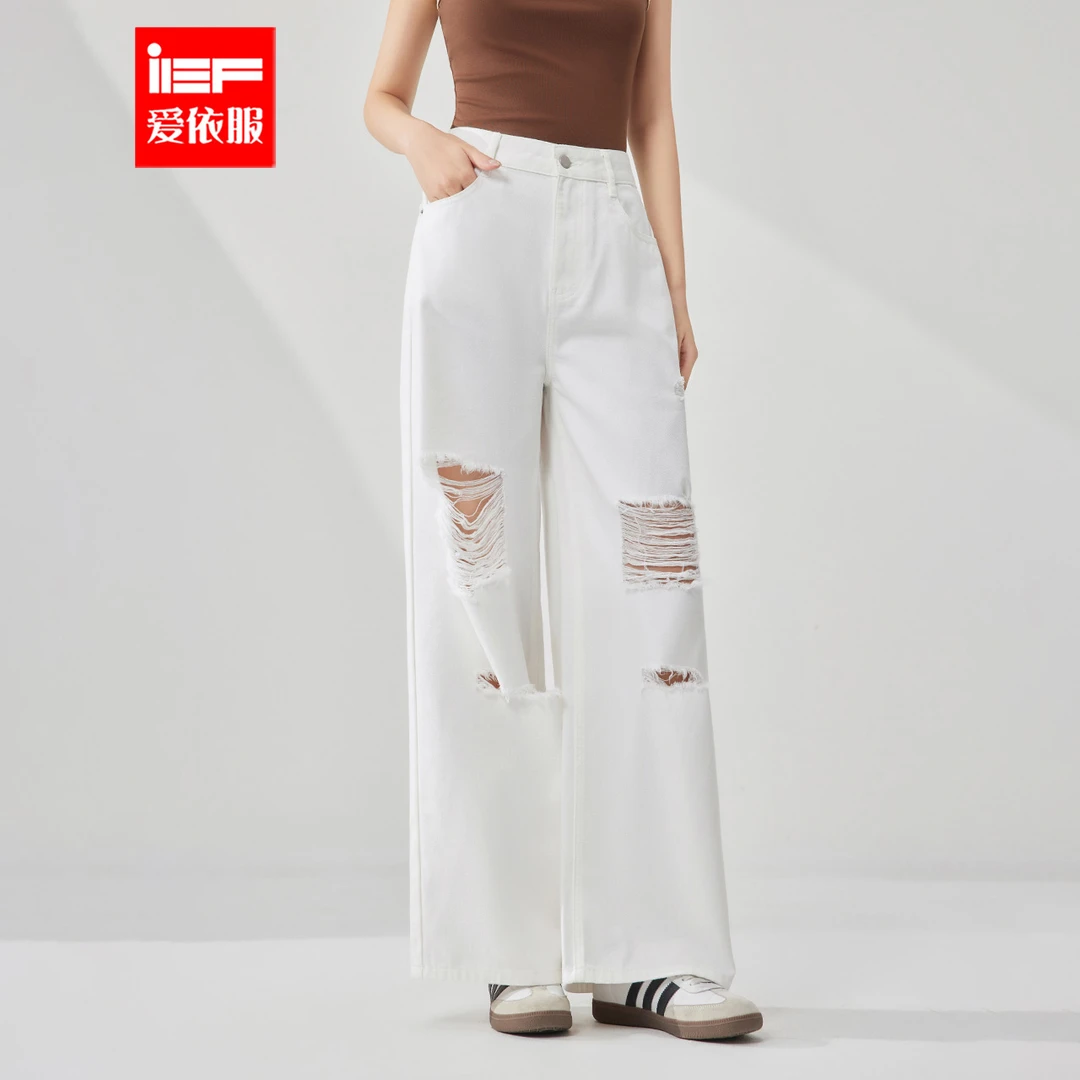 IEF/爱依服裤子2025夏季新款韩版时尚潮酷破洞设计休闲百搭阔腿裤