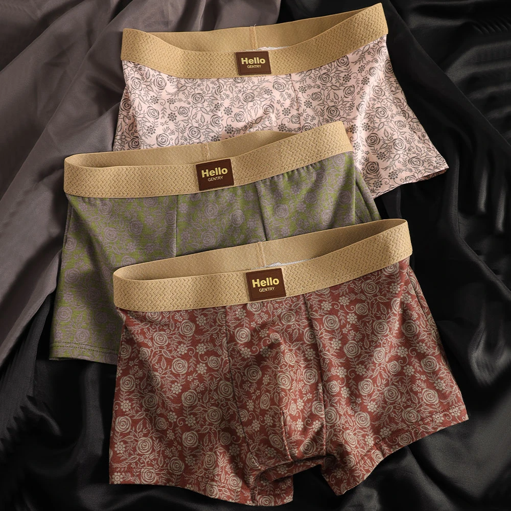 10A抑菌古典玫瑰花男士内裤纯棉短裤头复古国风平角裤透气四角裤