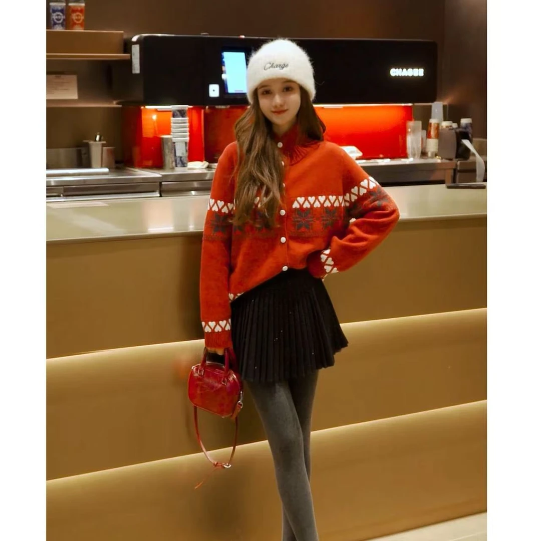 【雪花】冬季新款拼接加厚针织半高领单排扣氛围感毛衣MY1656