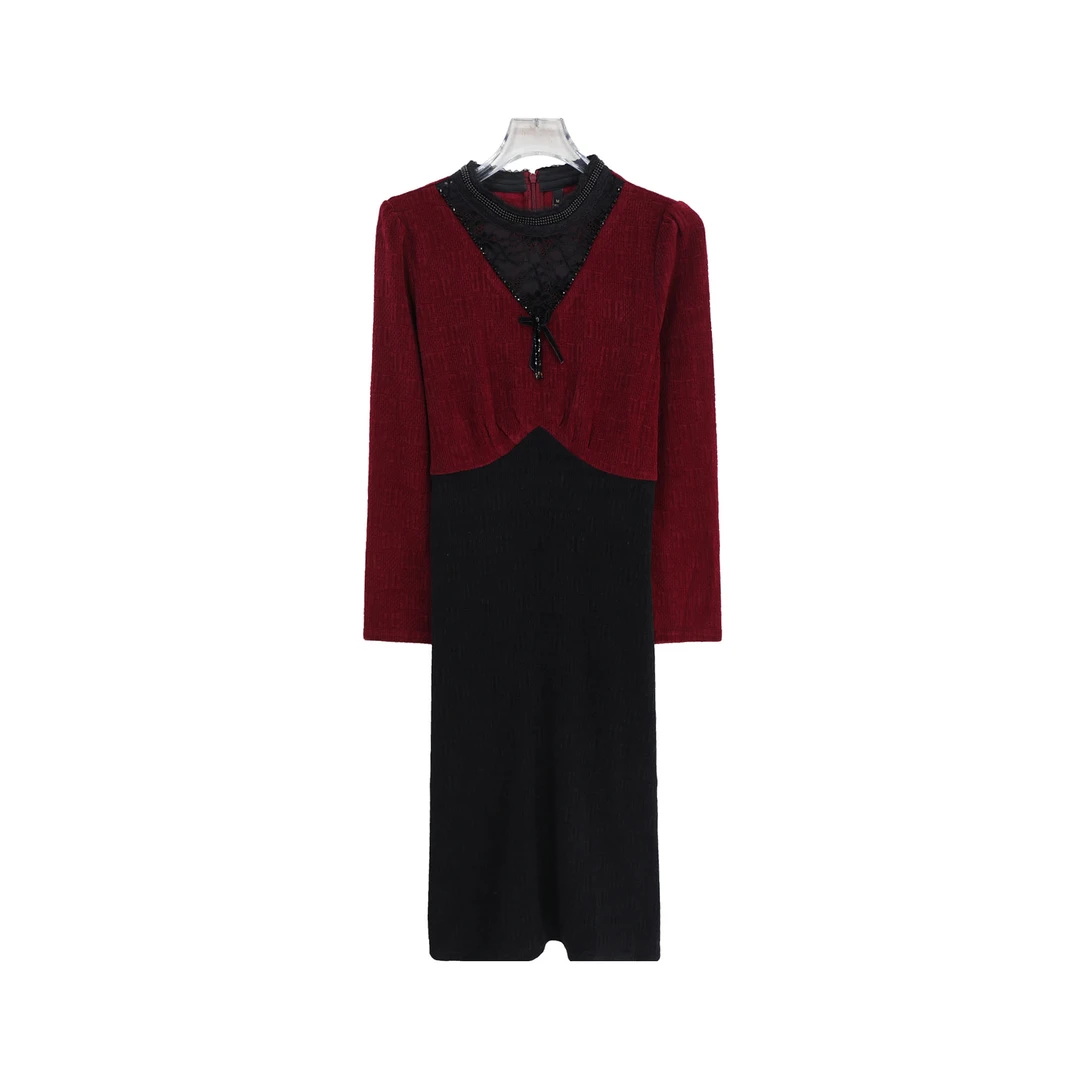 烫钻圆领蕾丝镂空拼接高腰显瘦连衣裙S5247