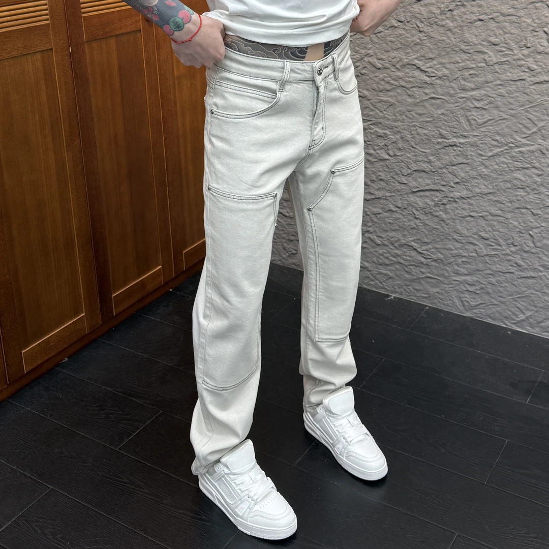 2025春季新款时尚休闲百搭米白色男士直筒牛仔裤6008