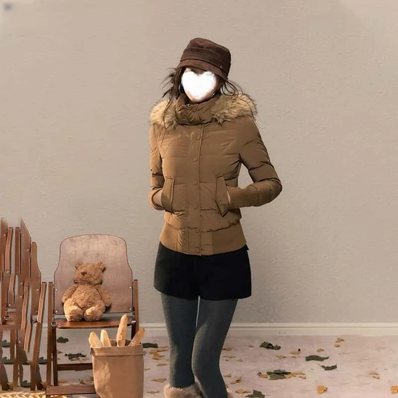 美式复古连帽棉服毛领外套女秋冬季穿搭加厚棉衣修身显瘦保暖上衣