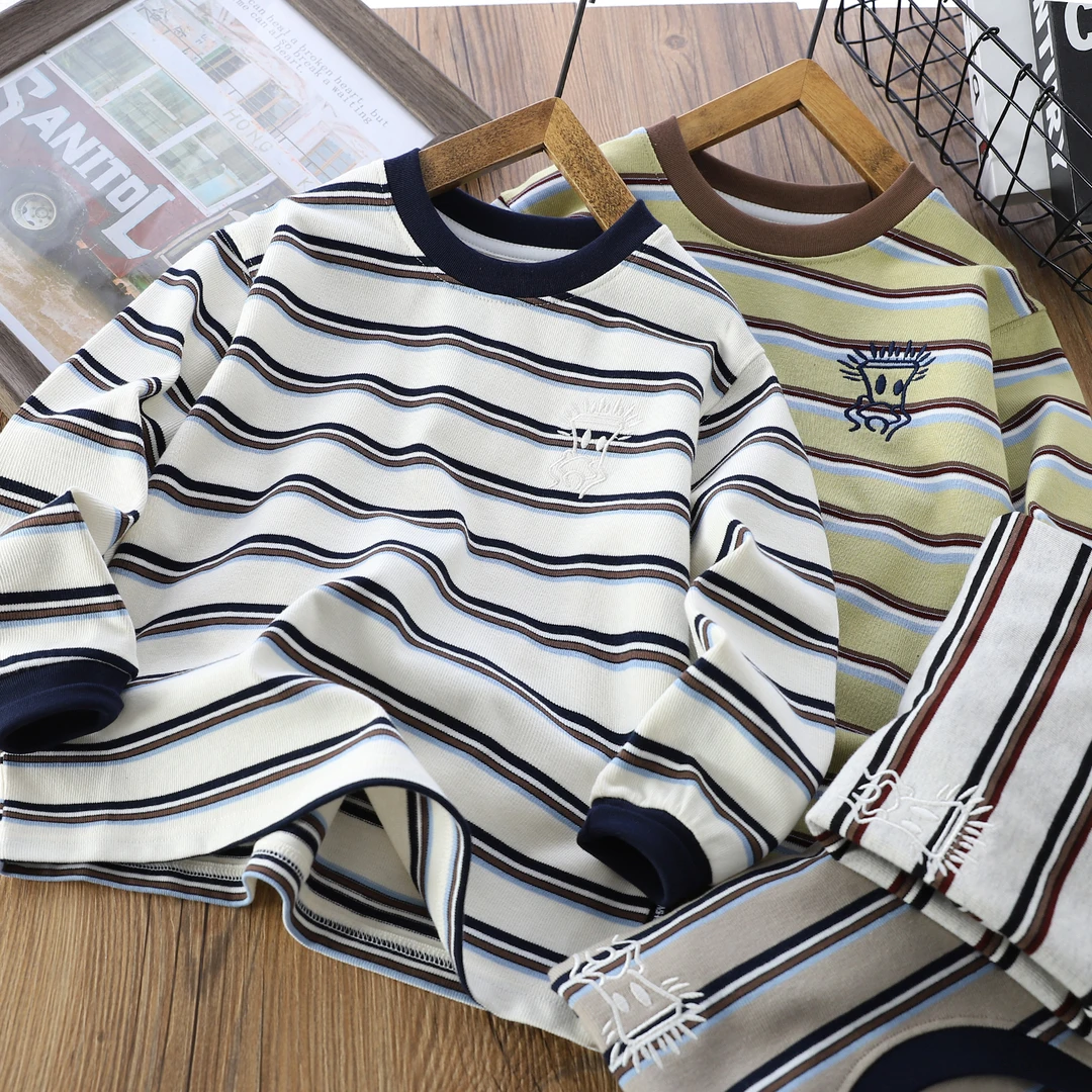 纯棉圆领卫衣男童儿童2025秋季新款条纹打底衫中大童宽松百搭上衣