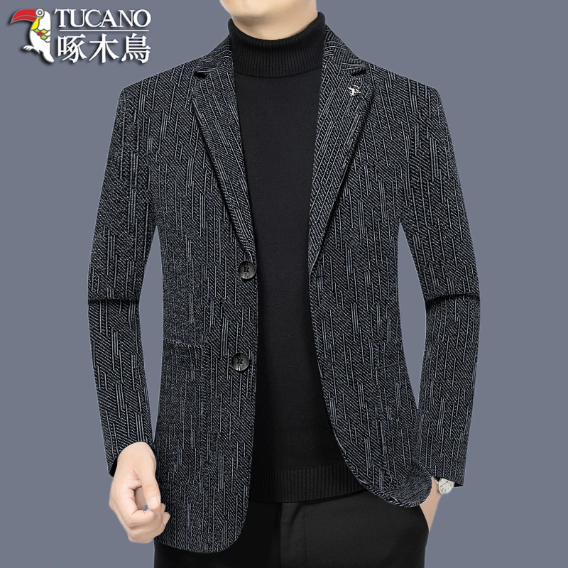 2025新款啄木鸟品牌男装男士休闲西服上装春秋装毛呢西装外套中年