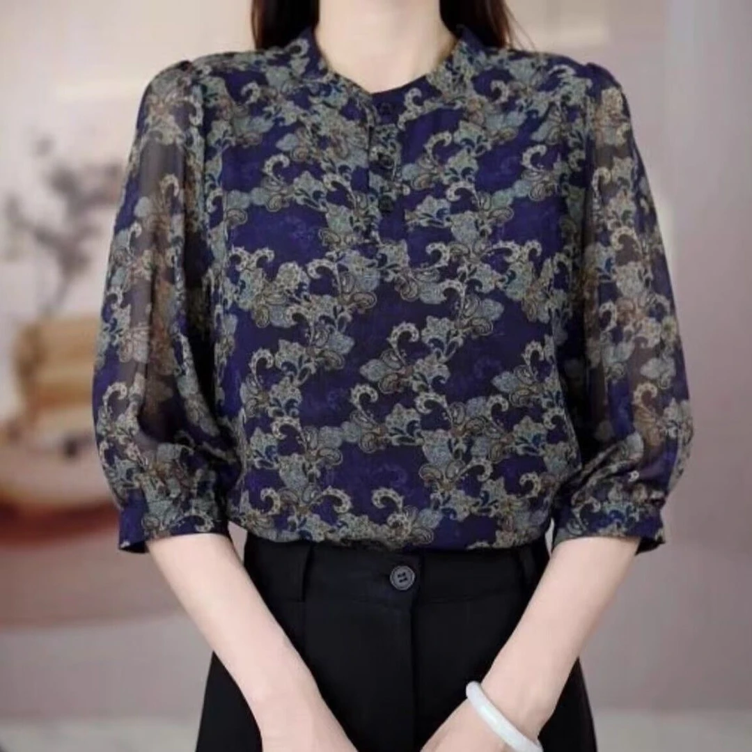 夏季新款时尚复古减龄雪纺衫中年女士七分袖气质小衫冰丝衬衫上衣