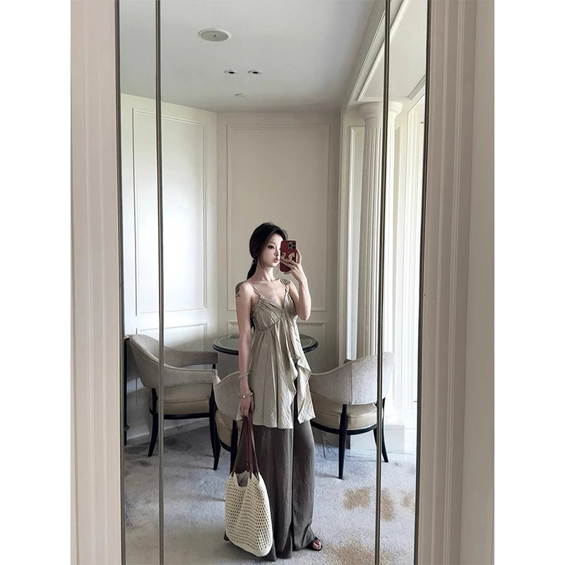 禅意气质款女装不规则显瘦高级吊带背心夏季高腰宽松休闲阔腿裤