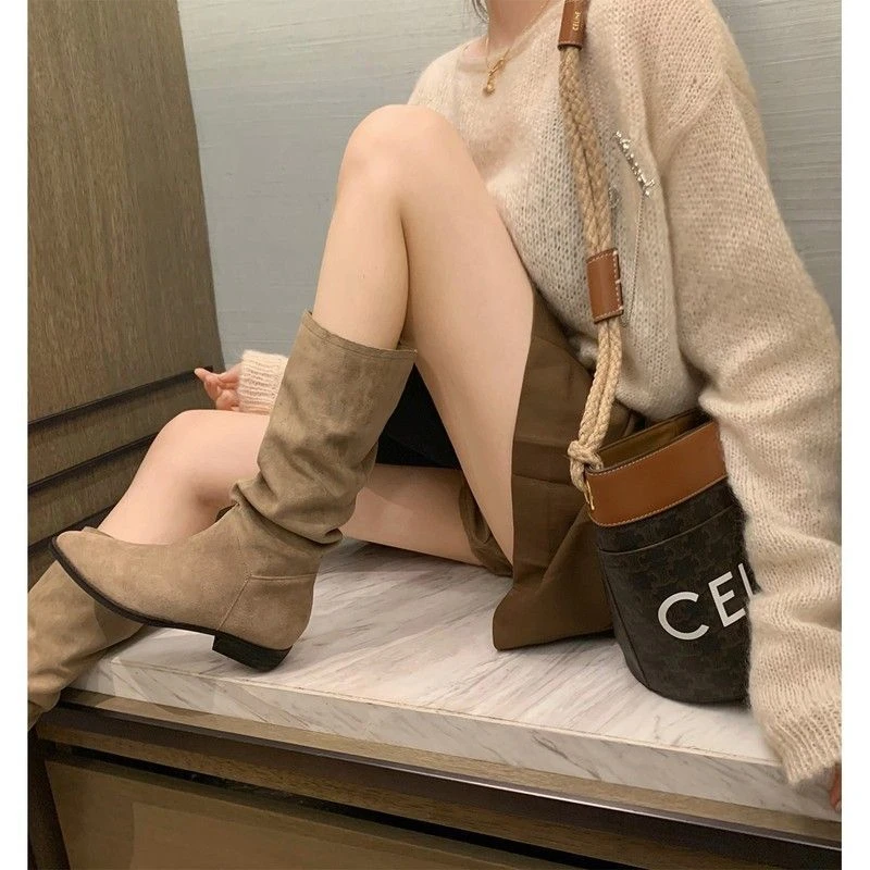 美式复古尖头粗跟小个子内增高西部牛仔靴女中筒堆堆靴大码长靴