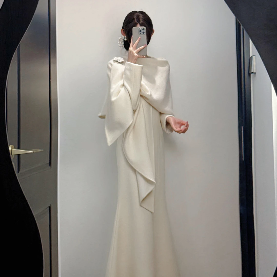 温柔清冷感披肩针织内搭连衣裙子秋冬季修身鱼尾长裙套装2025新款