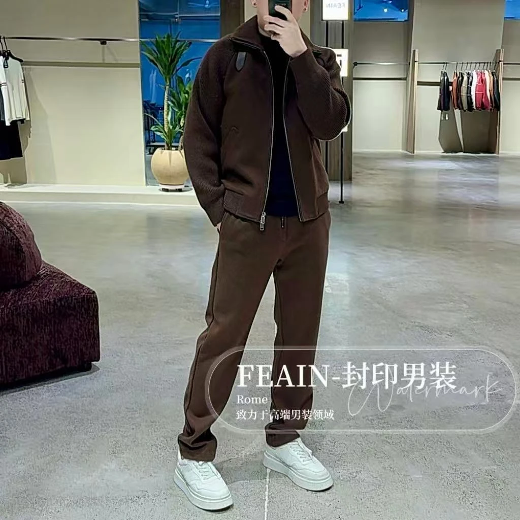 【羊毛混纺真皮拼接】高端男士老钱风羊毛混纺真皮拼接套装25899