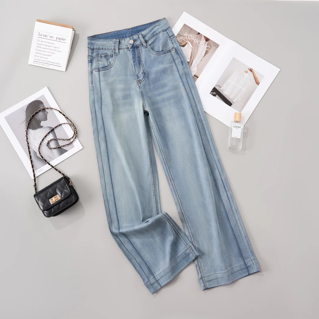 夏季薄款莱赛尔天丝春秋显瘦蓝色高腰休闲百搭开叉宽松牛仔裤