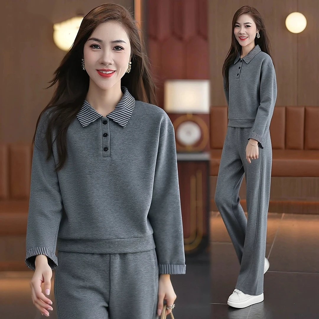2025休闲运动服套装爆款春秋季时尚显瘦翻领卫衣阔腿裤两件套女
