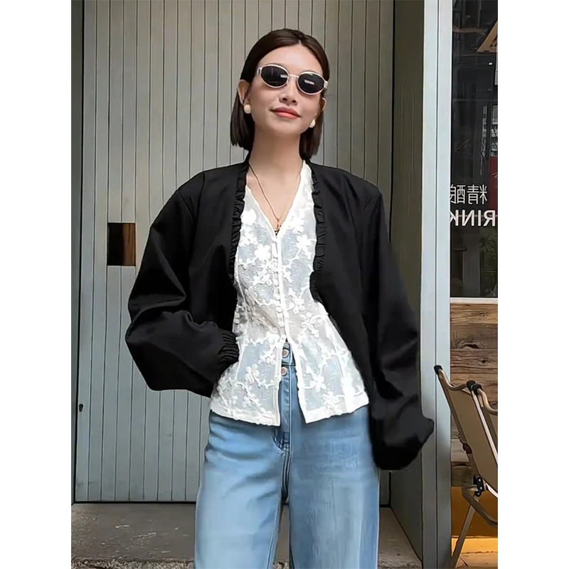 韩版木耳边V领长袖短外套女2025早春新款洋气今年流行上衣设计感