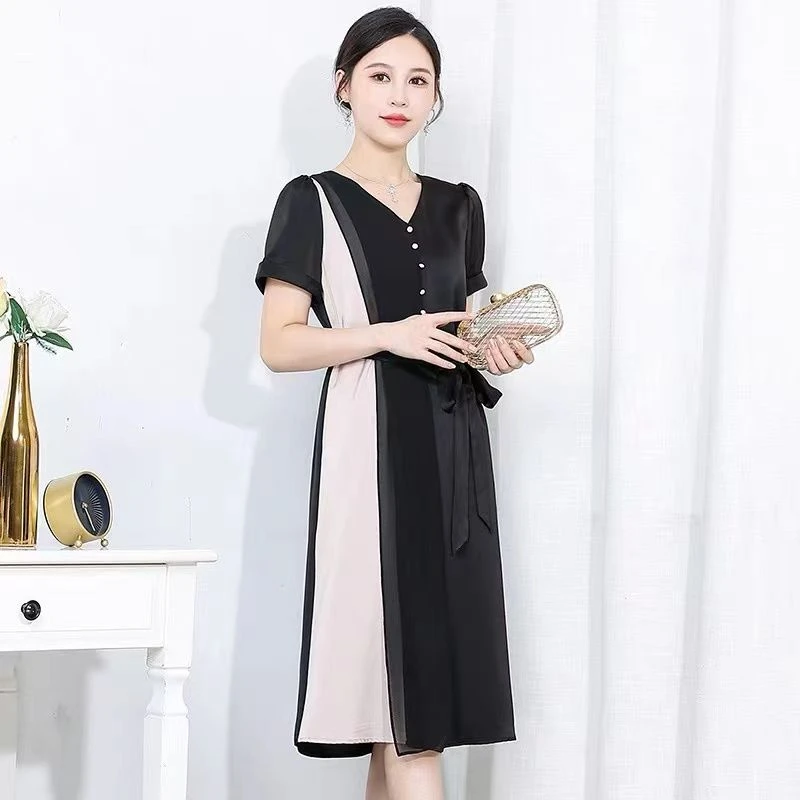 夏季V领收腰拼接时尚气质短袖连衣裙
