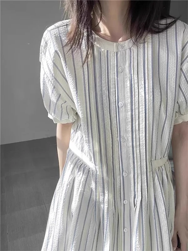 特大码300斤白色条纹连衣裙女2025新款夏法式温柔风气质休闲裙子