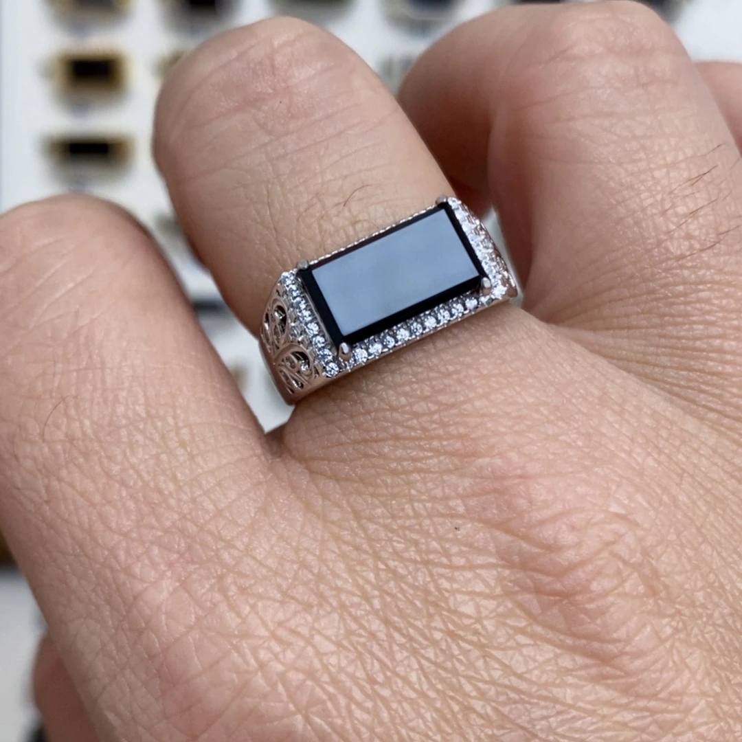 翡翠银S925镶嵌戒指墨翠戒指